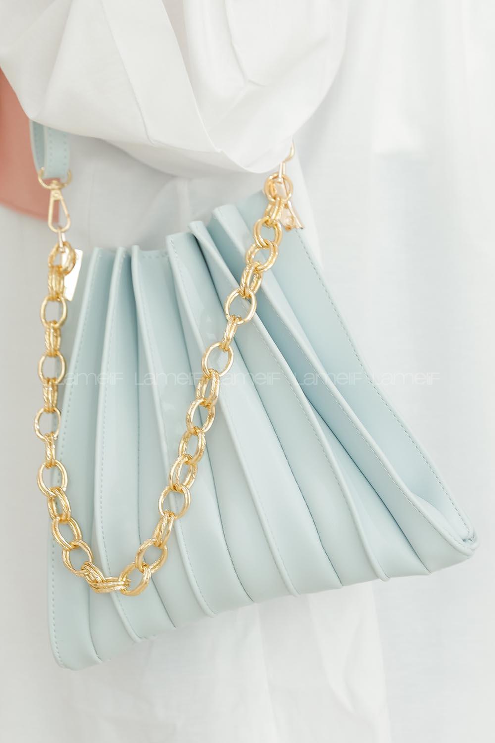 Modalamelif Zincir Aksesuarlı Pileli Çanta Turkuaz