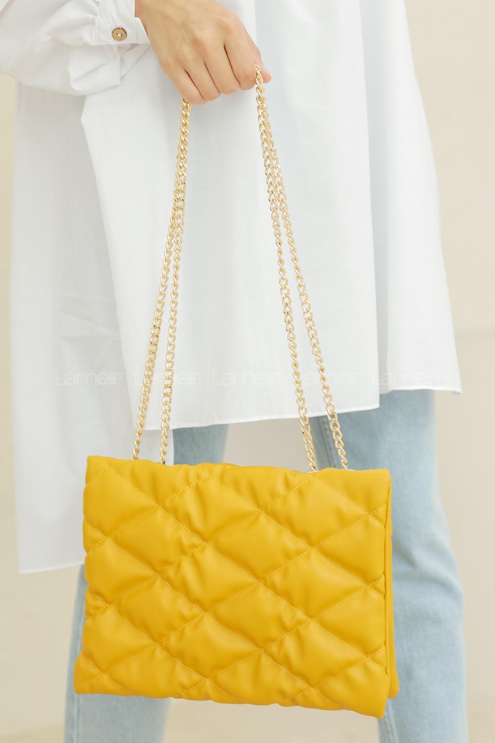 Modalamelif Zincir Askılı Kapitone Çapraz Çanta Hardal Sarısı