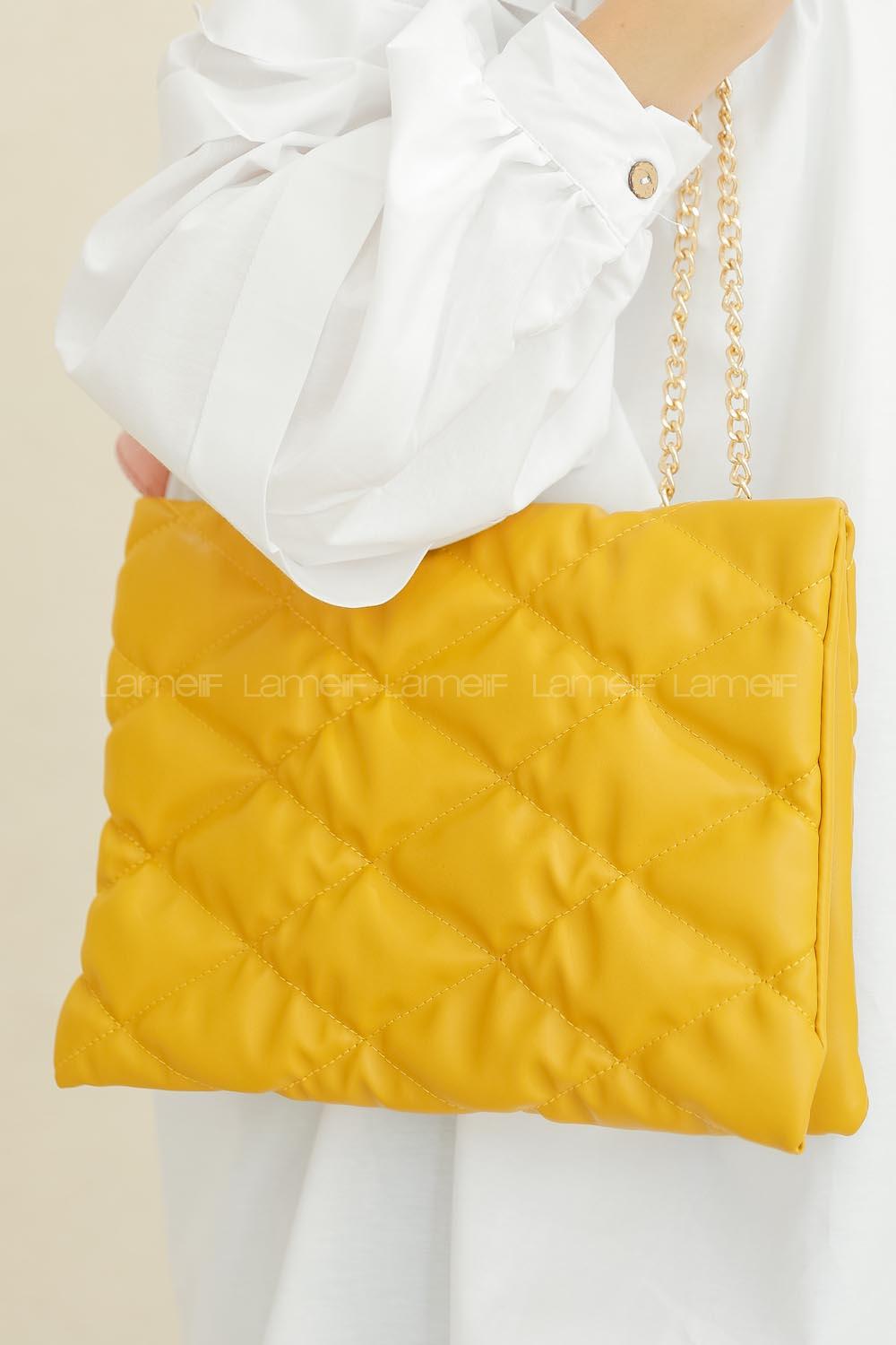 Modalamelif Zincir Askılı Kapitone Çapraz Çanta Hardal Sarısı