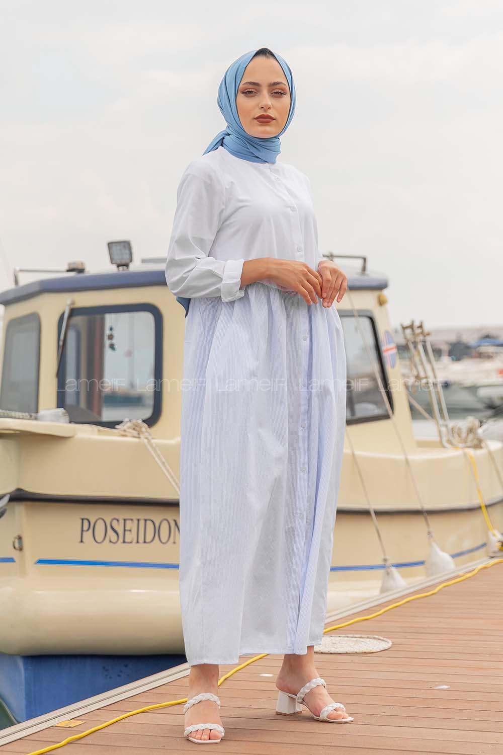 Modalamelif Hakim Yaka Çizgili Elbise Açık Mavi