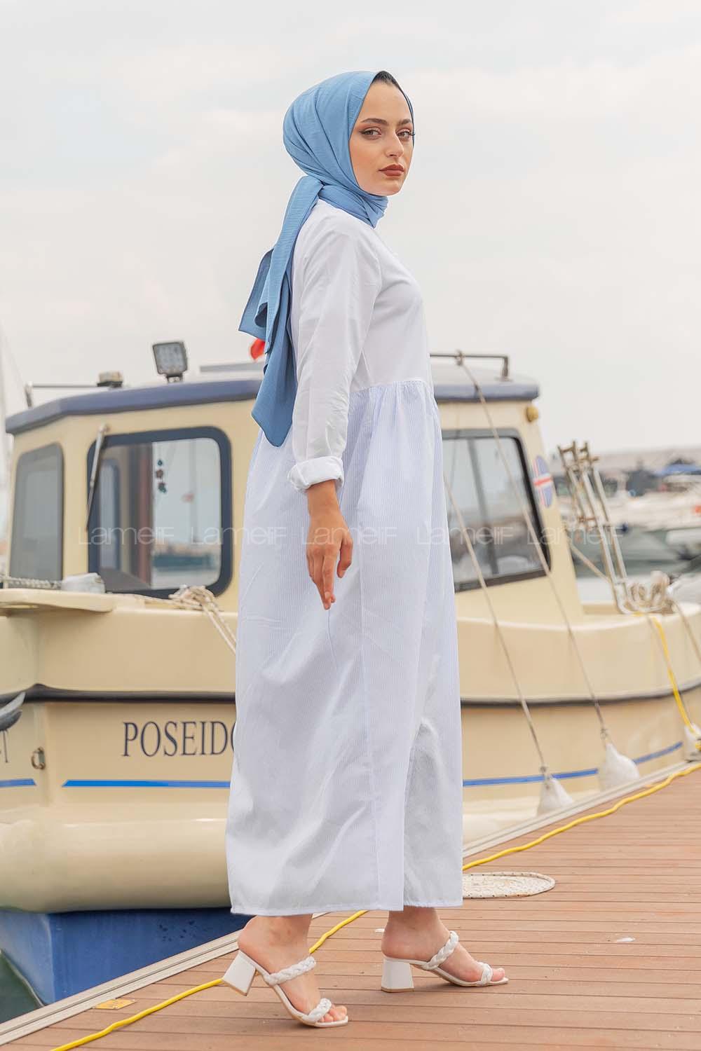 Modalamelif Hakim Yaka Çizgili Elbise Açık Mavi