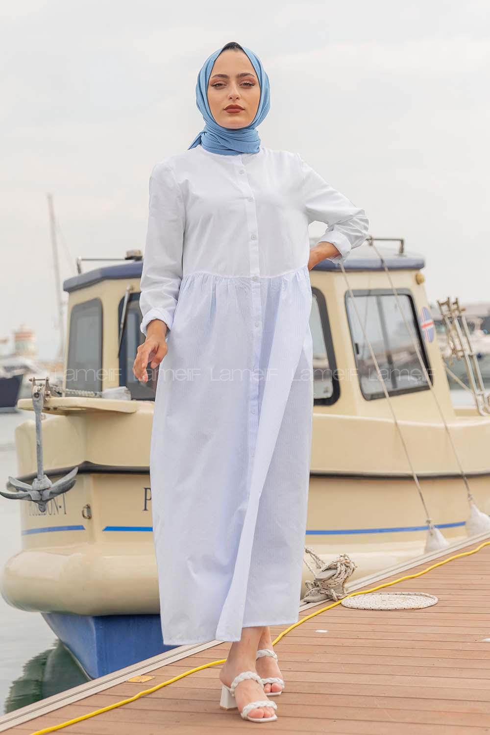 Modalamelif Hakim Yaka Çizgili Elbise Açık Mavi