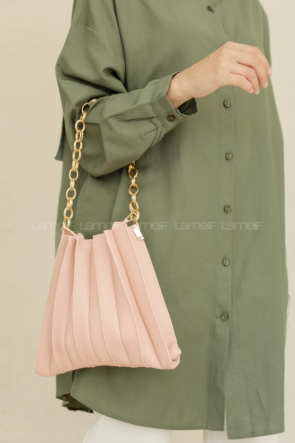 Modalamelif Zincir Aksesuarlı Pileli Çanta Pudra