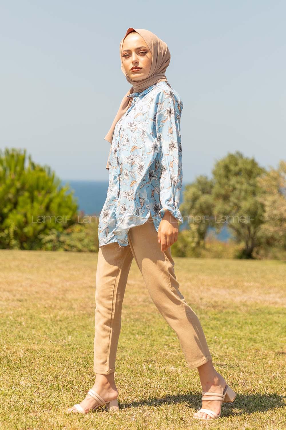 Modalamelif Çiçek Desen Gömlek Turkuaz