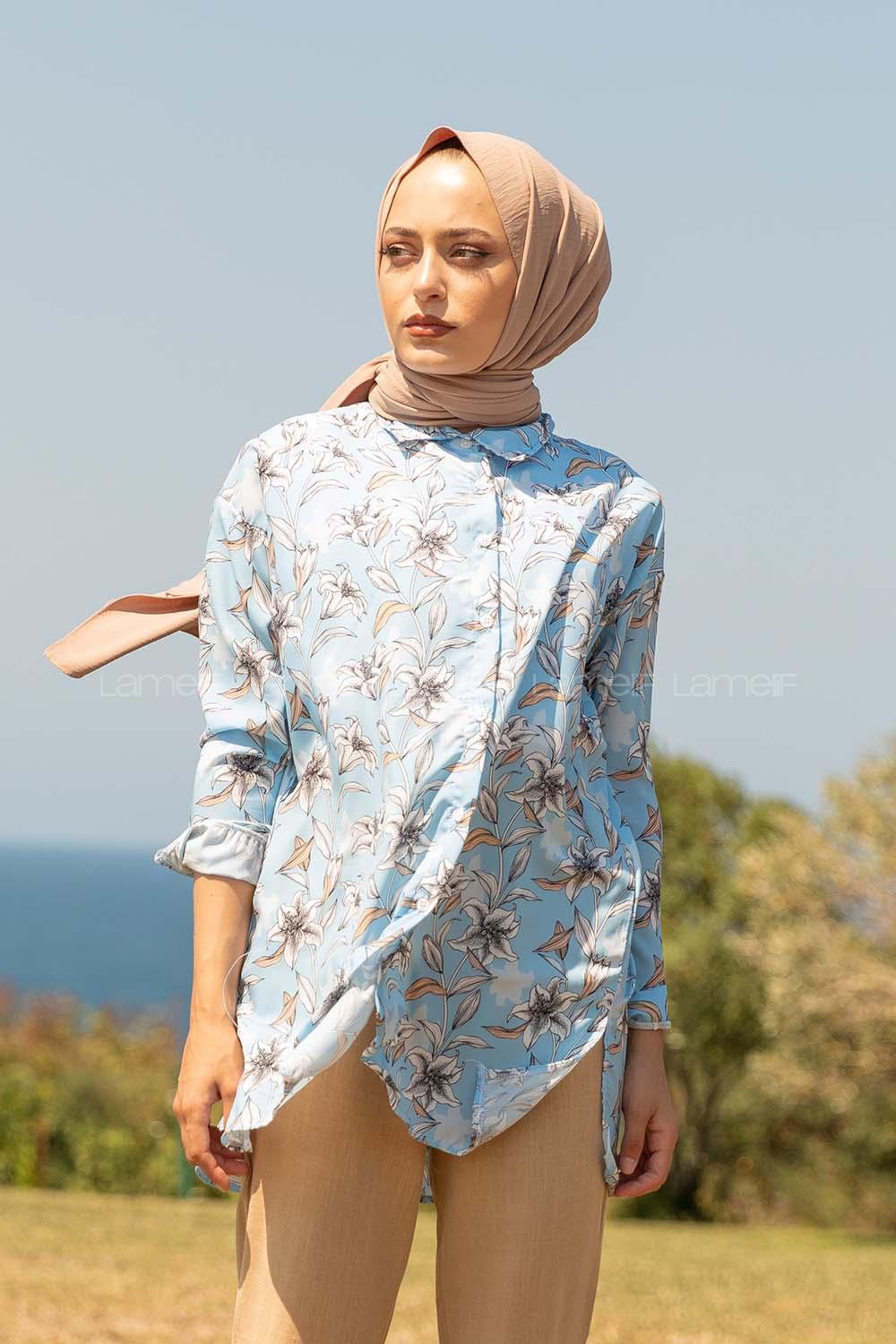 Modalamelif Çiçek Desen Gömlek Turkuaz