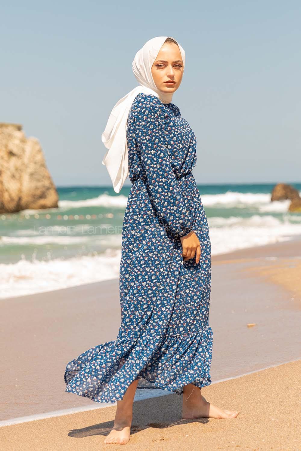 Modalamelif  Mini Papatya Desen Şifon Elbise İndigo