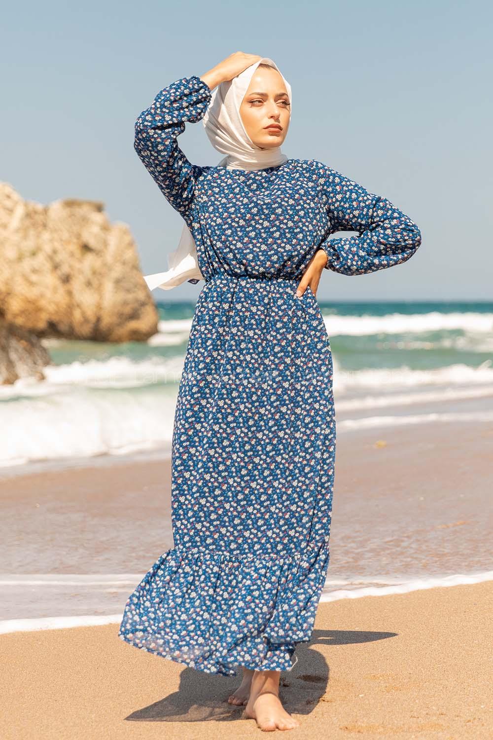 Modalamelif  Mini Papatya Desen Şifon Elbise İndigo