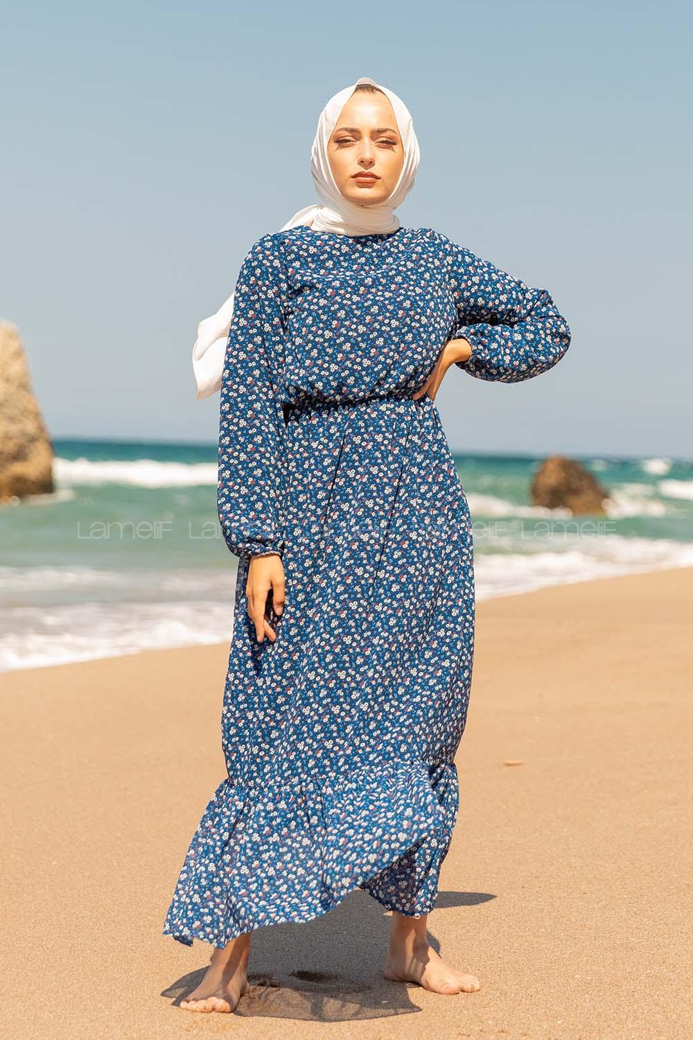 Modalamelif  Mini Papatya Desen Şifon Elbise İndigo