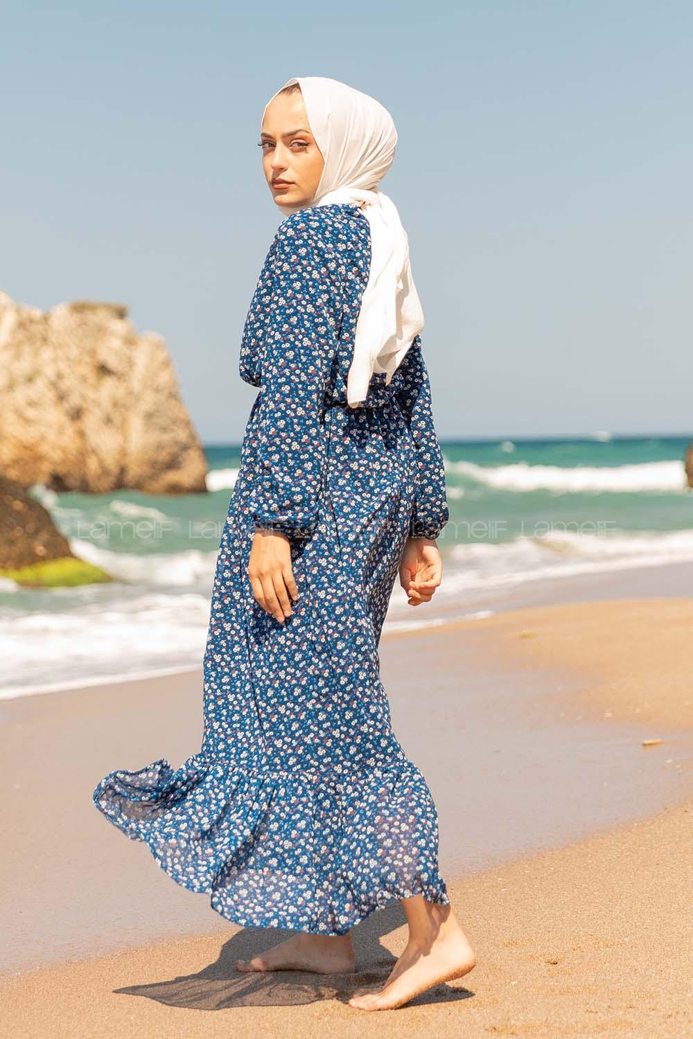 Modalamelif  Mini Papatya Desen Şifon Elbise İndigo