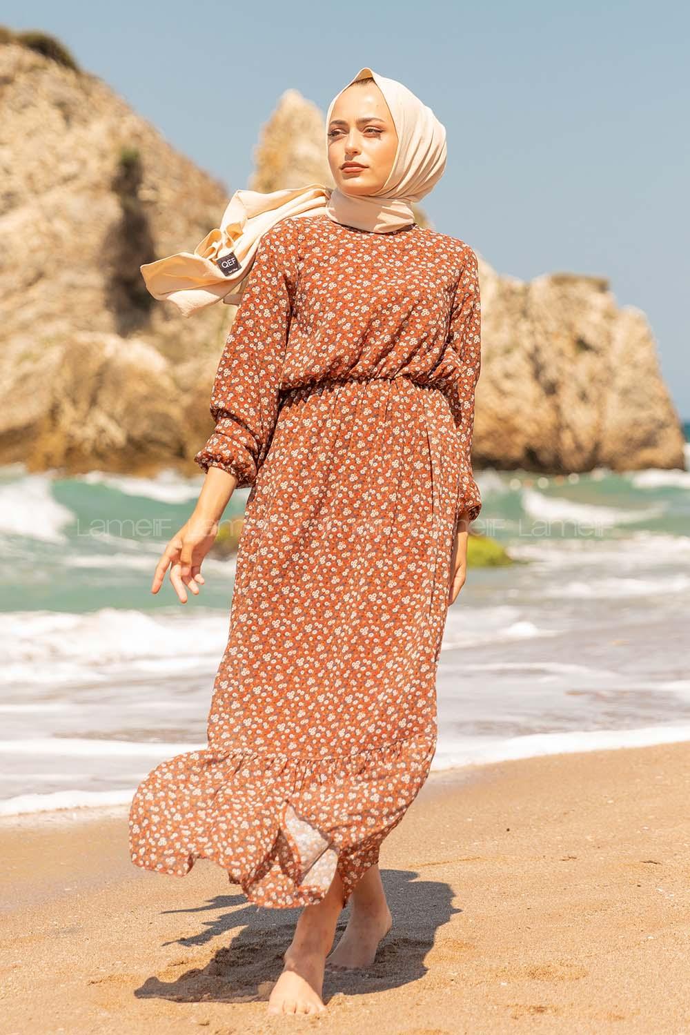 Modalamelif Mini Papatya Desen Şifon Elbise Kahverengi