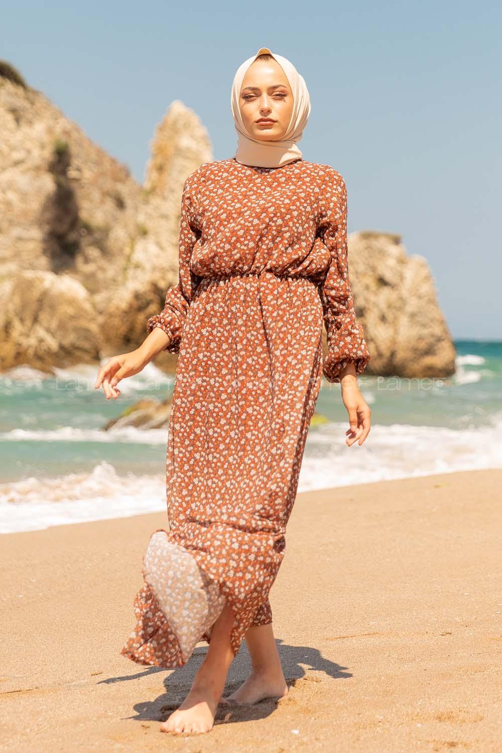 Modalamelif Mini Papatya Desen Şifon Elbise Kahverengi