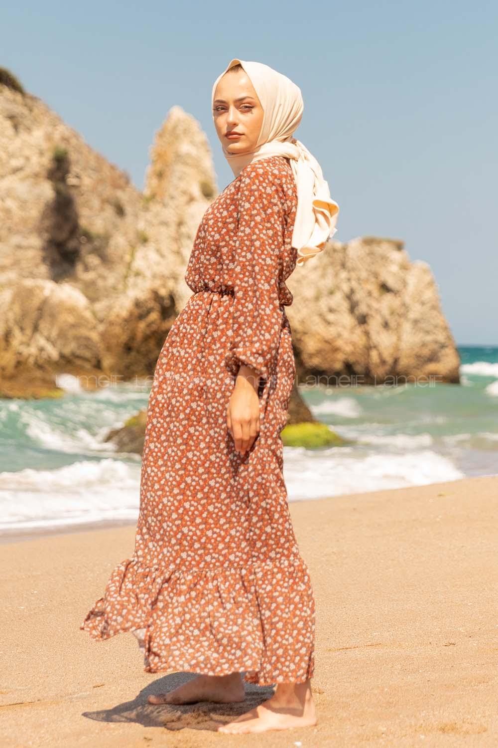 Modalamelif Mini Papatya Desen Şifon Elbise Kahverengi