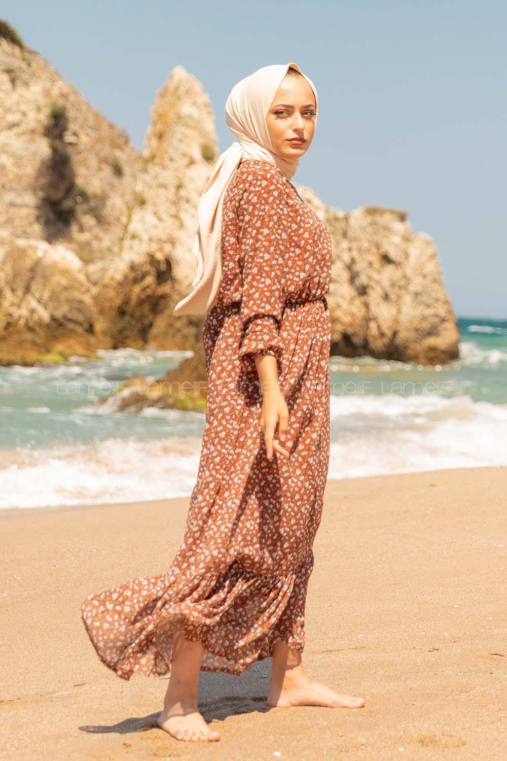 Modalamelif Mini Papatya Desen Şifon Elbise Kahverengi