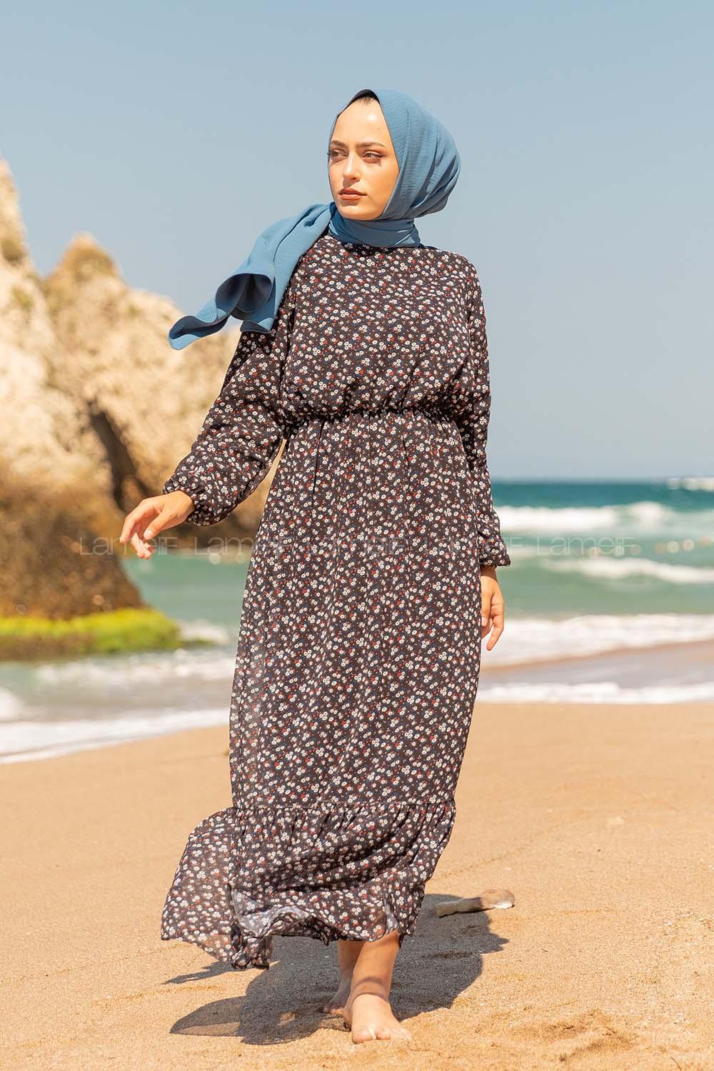 Modalamelif  Mini Papatya Desen Şifon Elbise Siyah