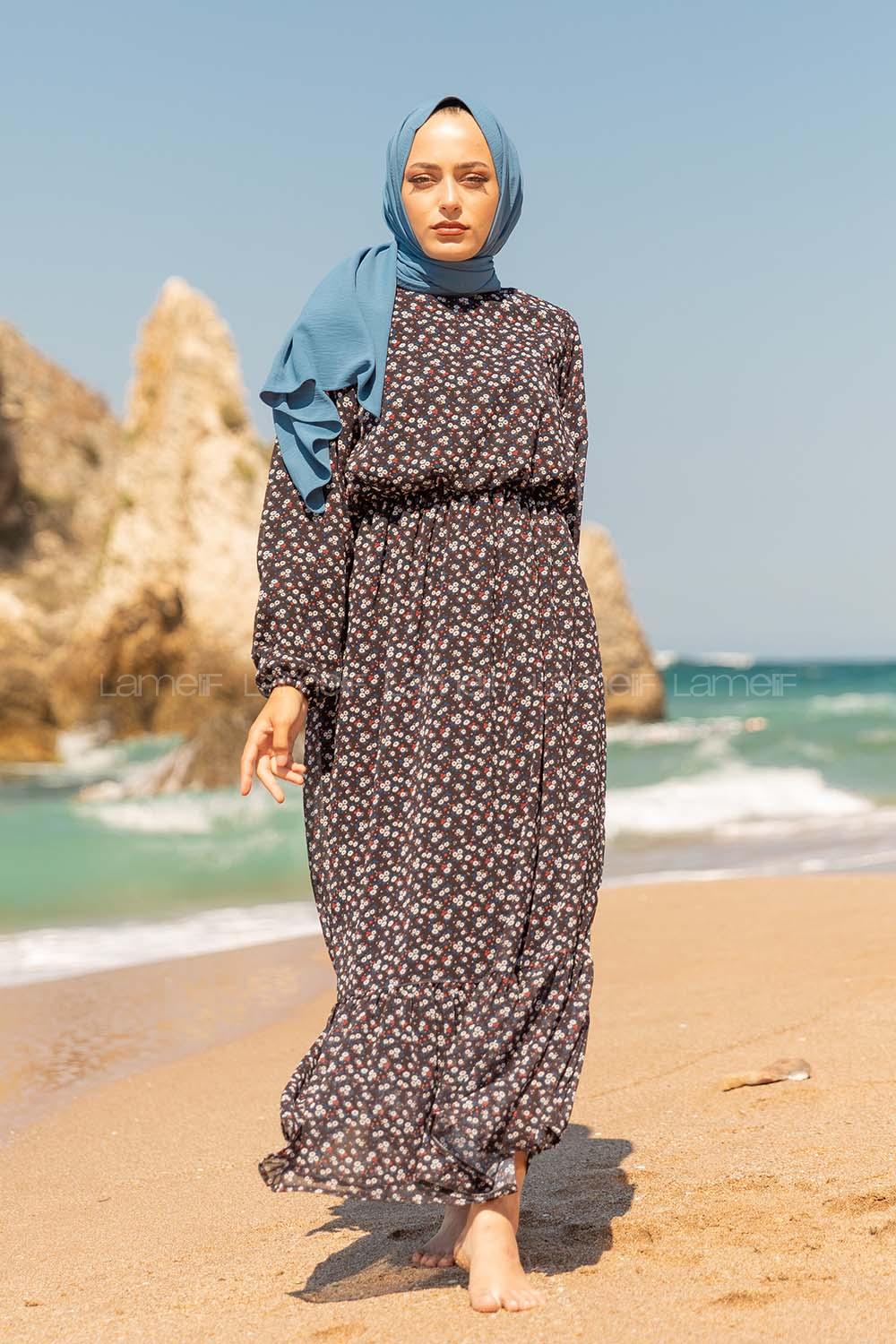 Modalamelif  Mini Papatya Desen Şifon Elbise Siyah