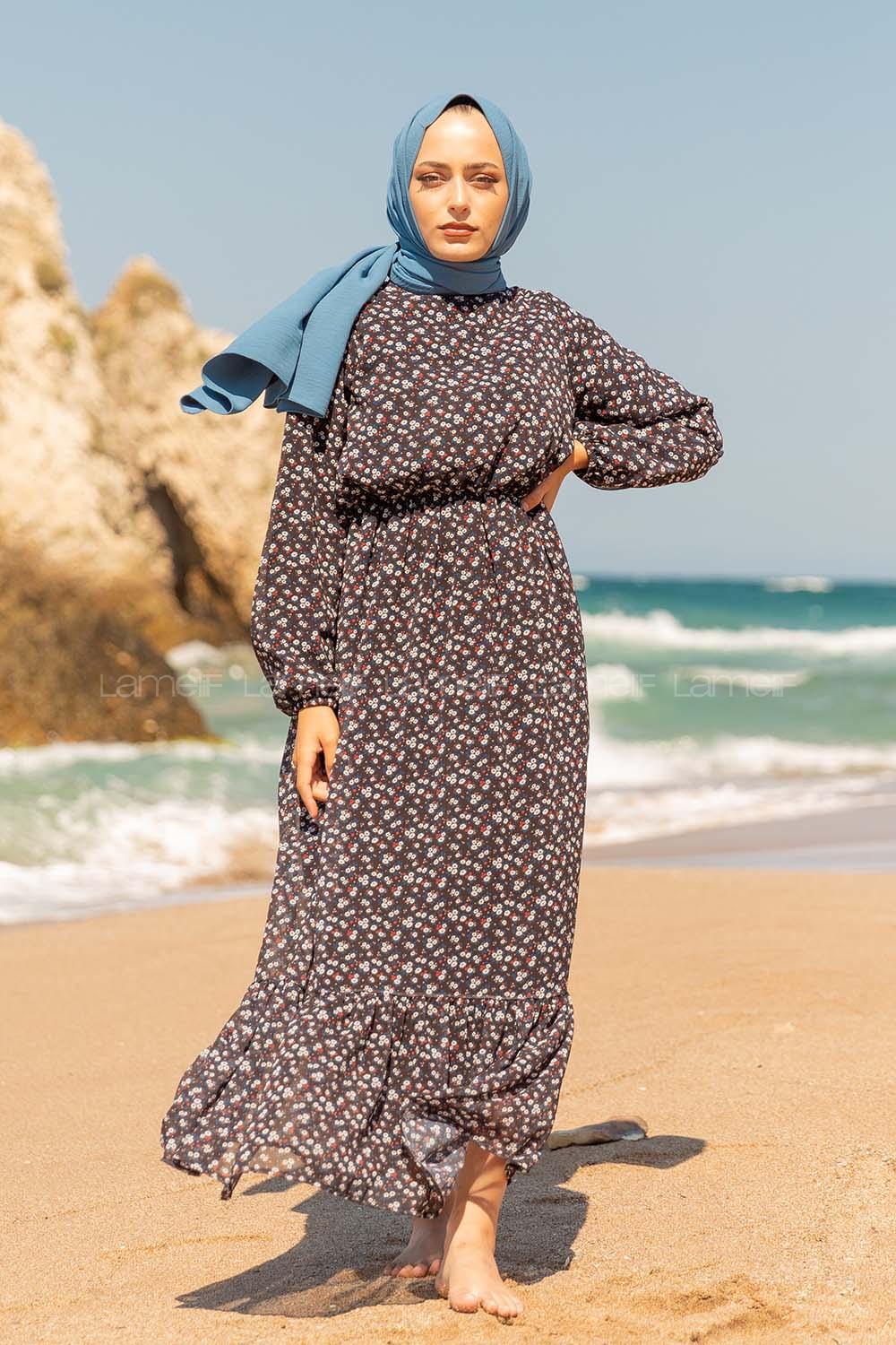 Modalamelif  Mini Papatya Desen Şifon Elbise Siyah