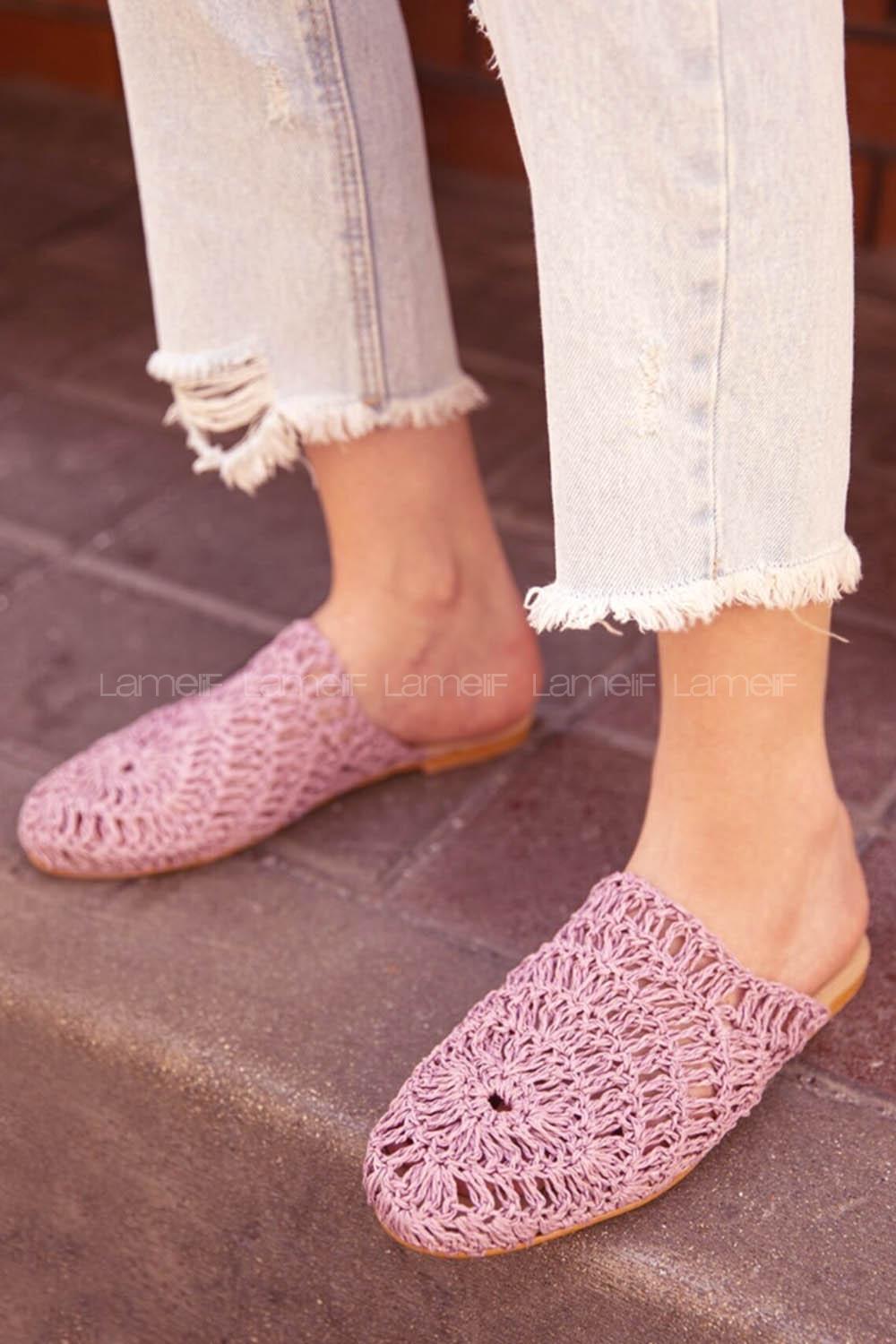 Modalamelif Hasır Örgülü Makrome Terlik Lila