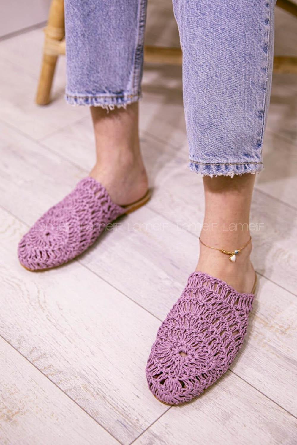 Modalamelif Hasır Örgülü Makrome Terlik Lila