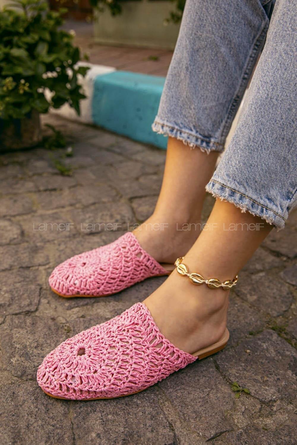 Modalamelif Hasır Örgülü Makrome Terlik Pembe