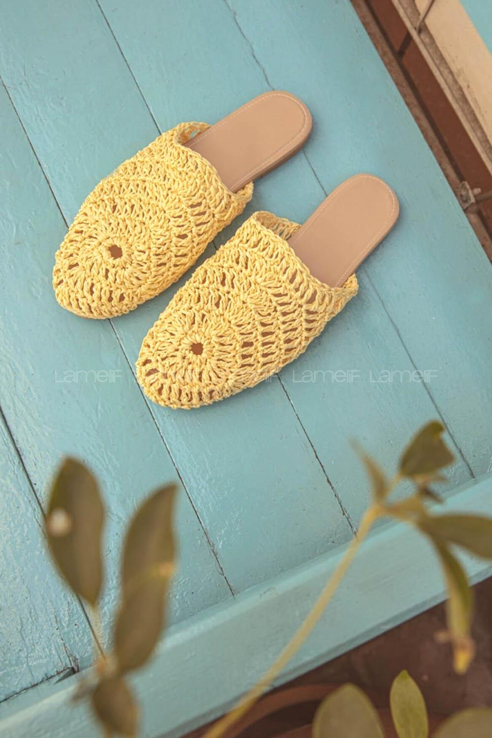 Modalamelif Hasır Örgülü Makrome Terlik Sarı