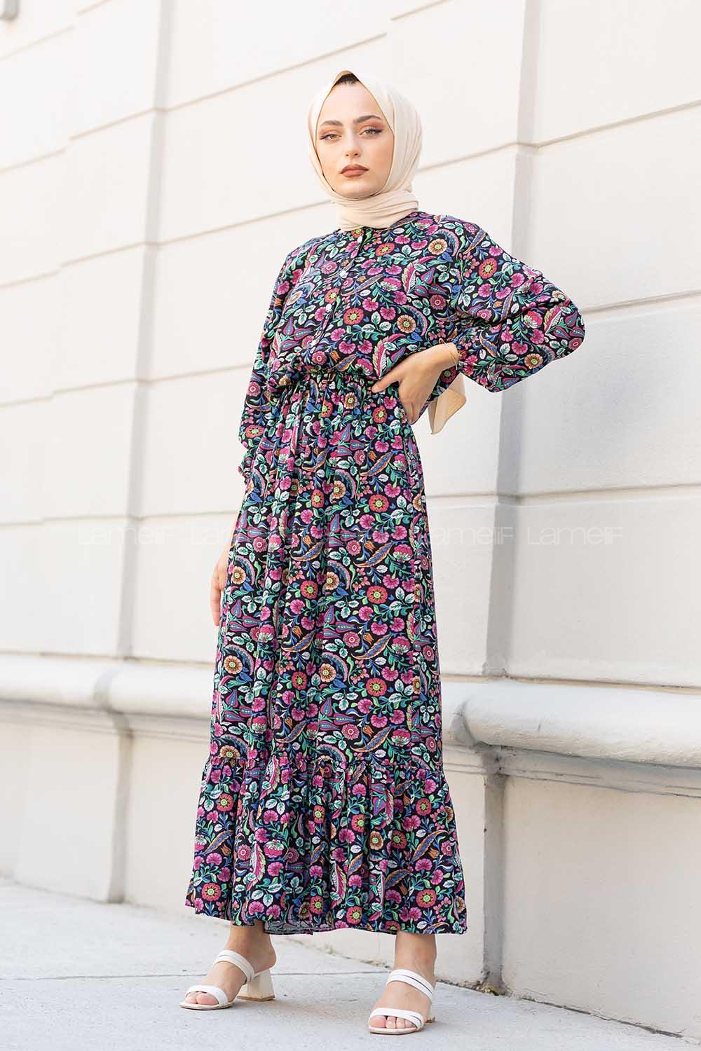 Modalamelif Çiçek Desen Elbise Fuşya