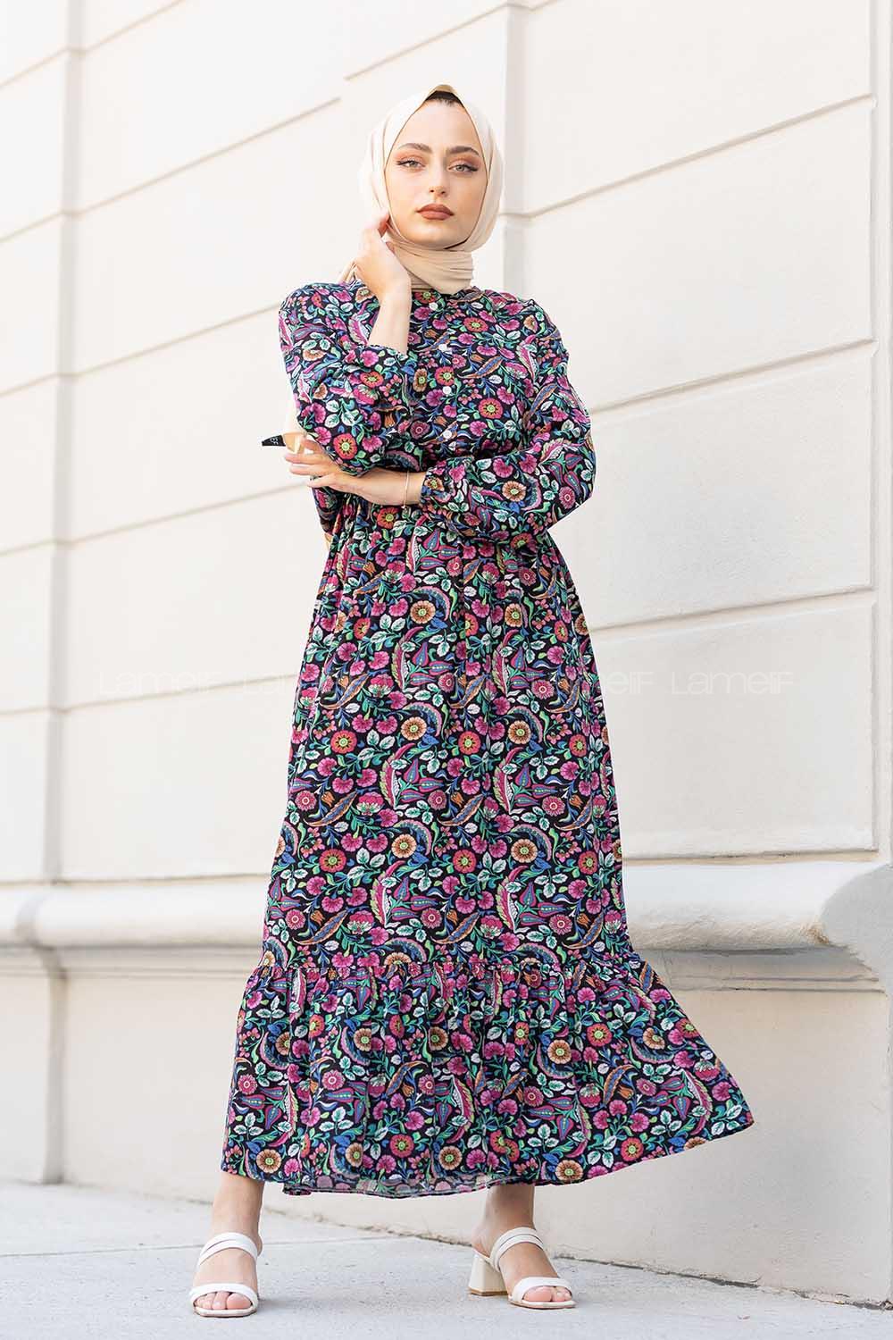 Modalamelif Çiçek Desen Elbise Fuşya