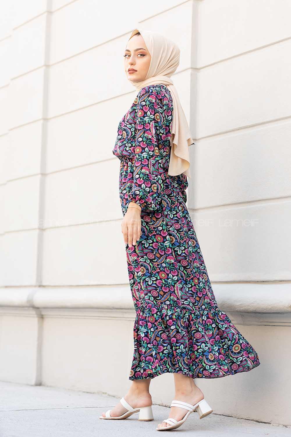 Modalamelif Çiçek Desen Elbise Fuşya