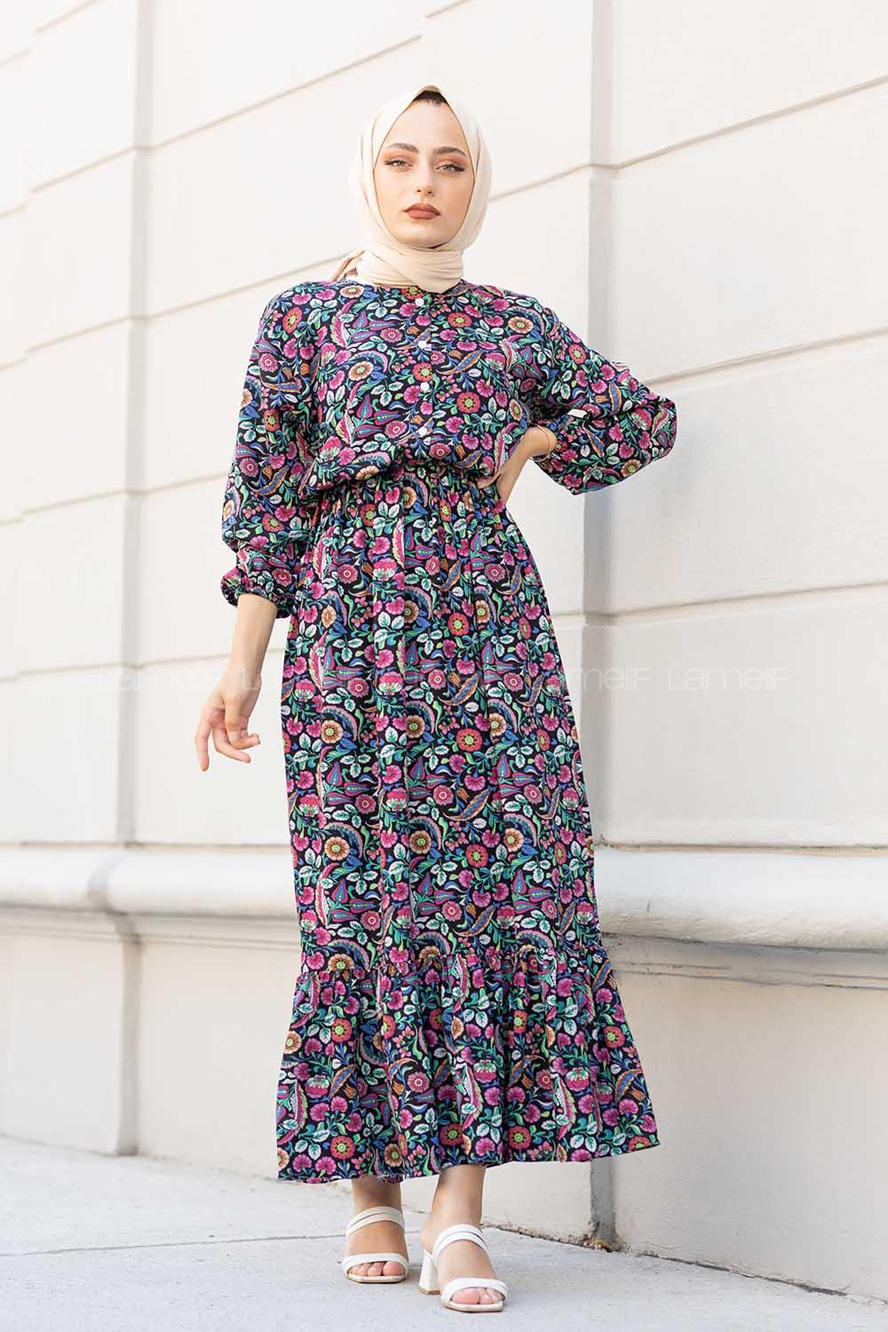 Modalamelif Çiçek Desen Elbise Fuşya