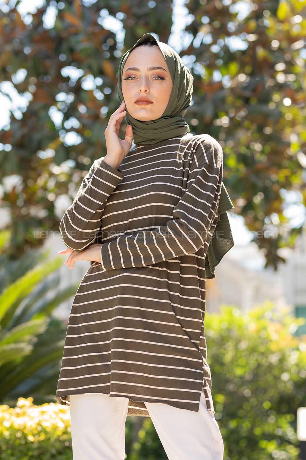 Modalamelif Çizgili Tunik Haki