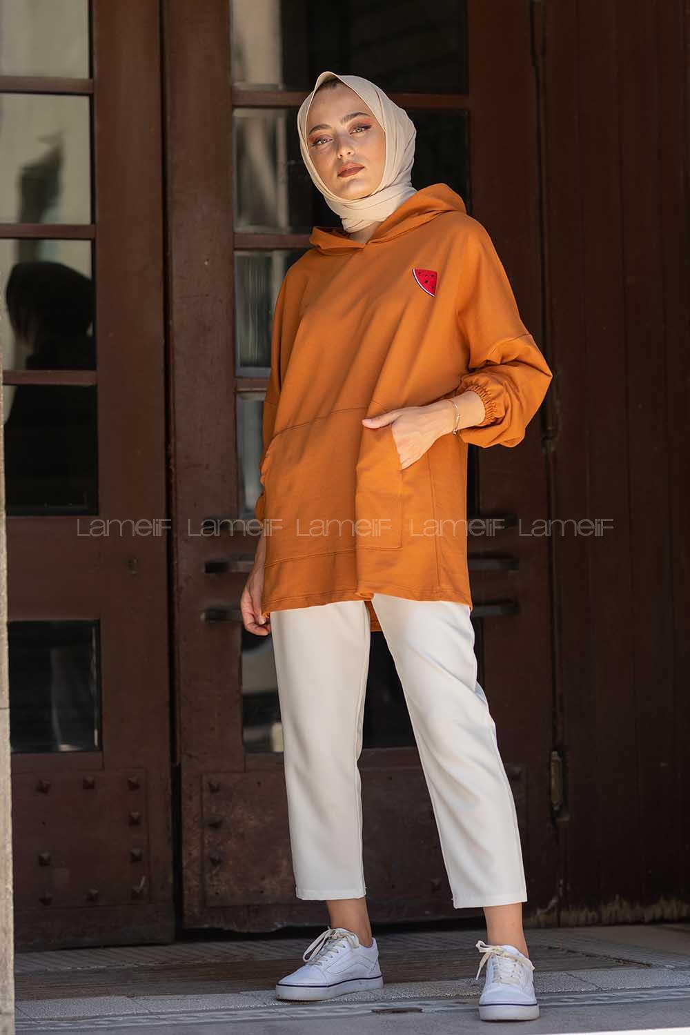 Modalamelif Kapşonlu Karpuz Nakışlı Sweatshirt Taba