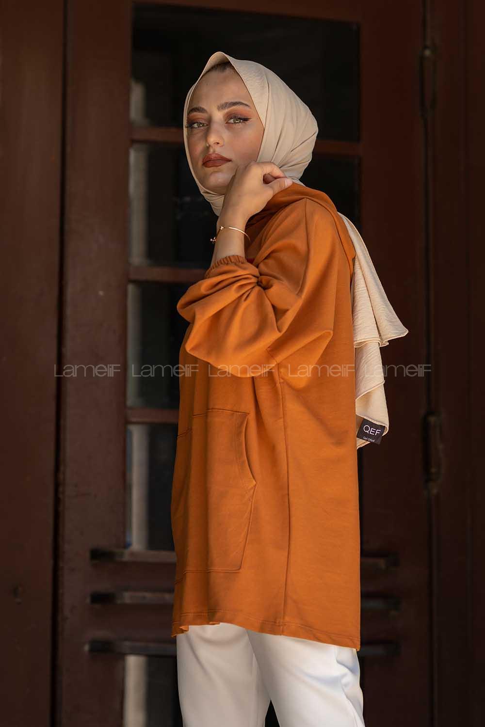 Modalamelif Kapşonlu Karpuz Nakışlı Sweatshirt Taba