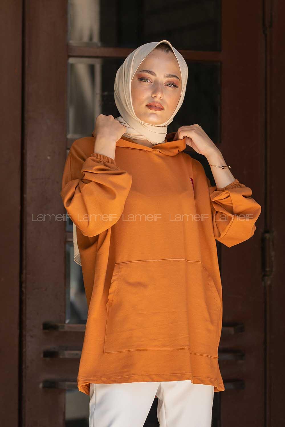 Modalamelif Kapşonlu Karpuz Nakışlı Sweatshirt Taba