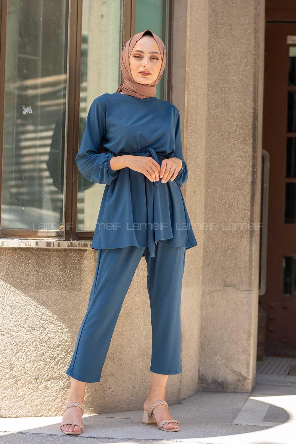 Modalamelif Kol Lastikli Kuşaklı Takım İndigo
