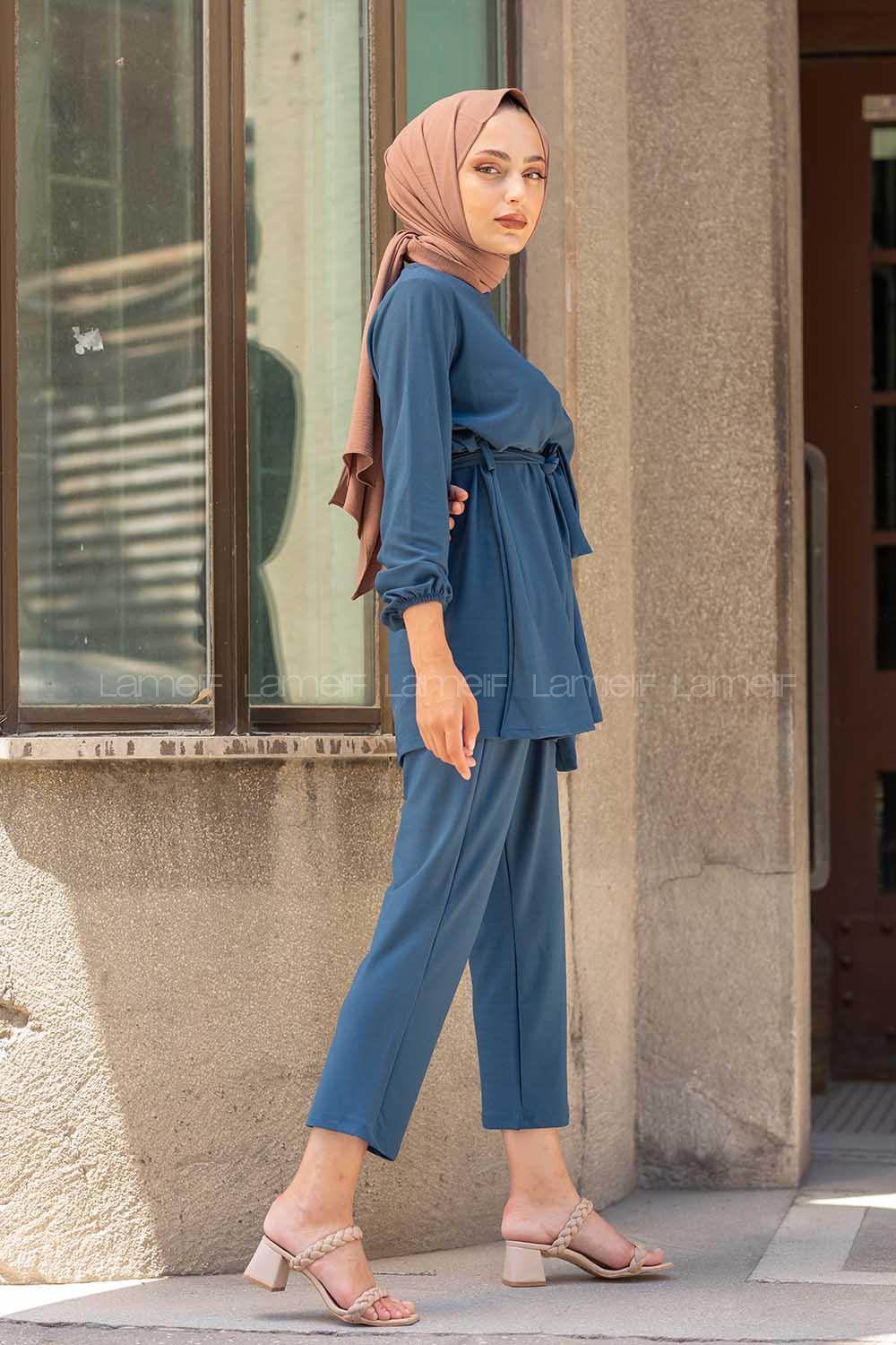 Modalamelif Kol Lastikli Kuşaklı Takım İndigo