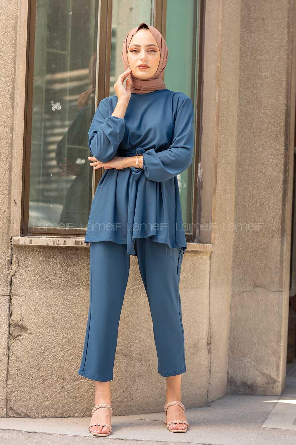 Modalamelif Kol Lastikli Kuşaklı Takım İndigo