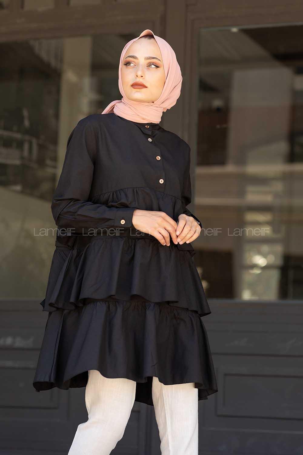 Modalamelif Önü Fırfırlı Tunik Siyah