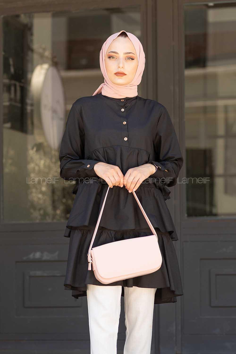 Modalamelif Önü Fırfırlı Tunik Siyah