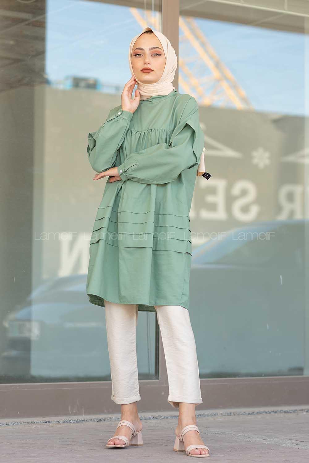 Modalamelif Önü Katlı Salaş Tunik Pastel Yeşili