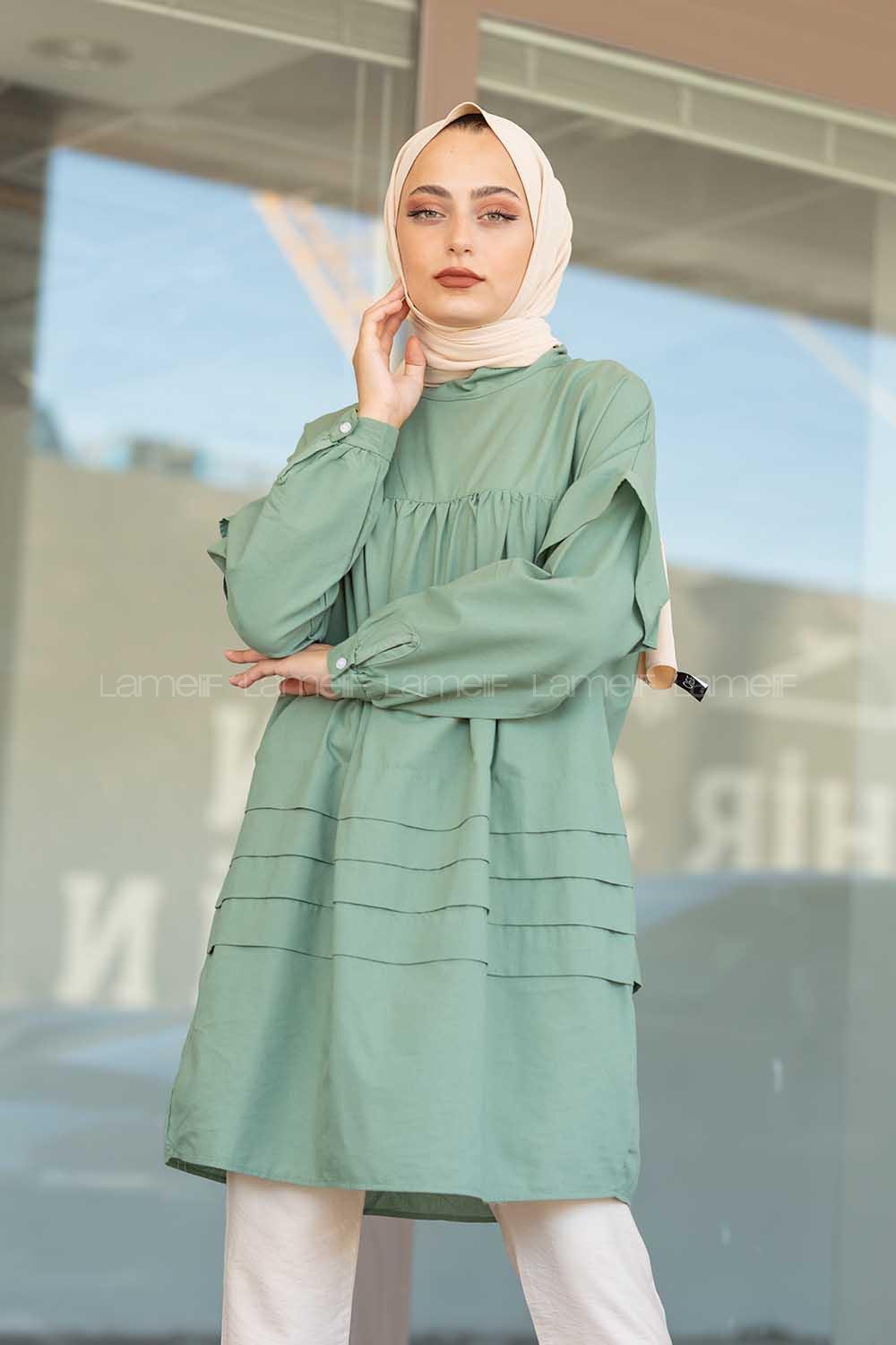 Modalamelif Önü Katlı Salaş Tunik Pastel Yeşili