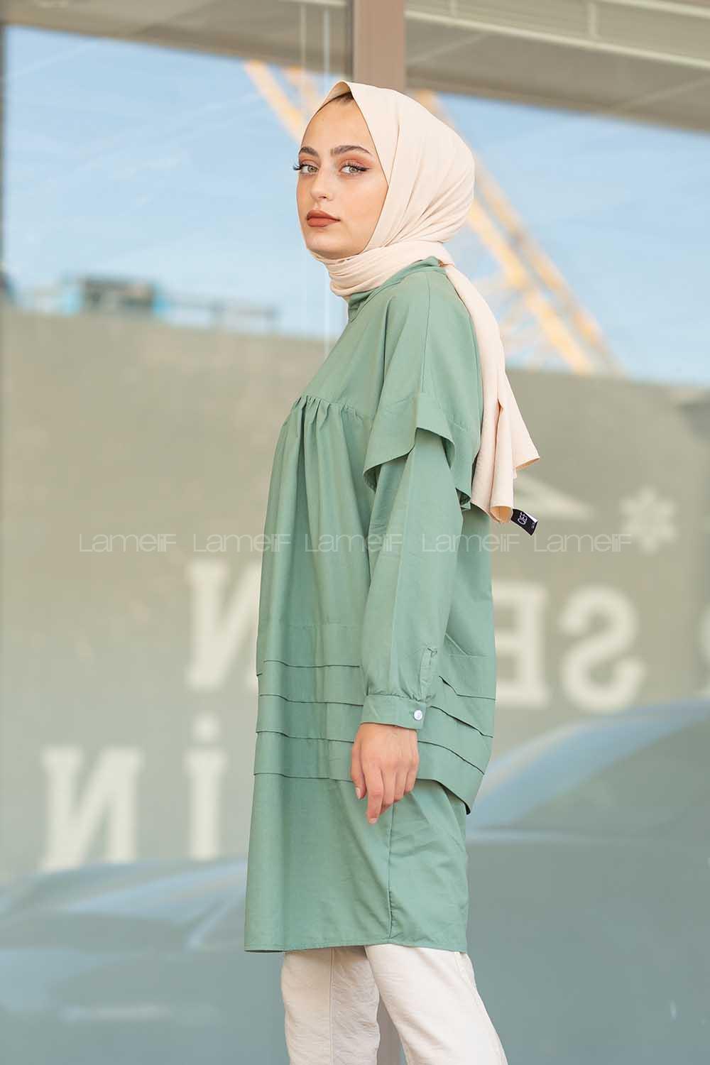 Modalamelif Önü Katlı Salaş Tunik Pastel Yeşili