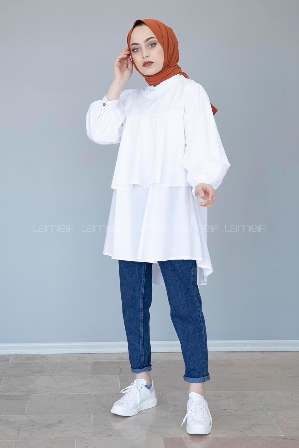 Modalamelif Gömlek Yaka Fırfırlı Tunik Beyaz