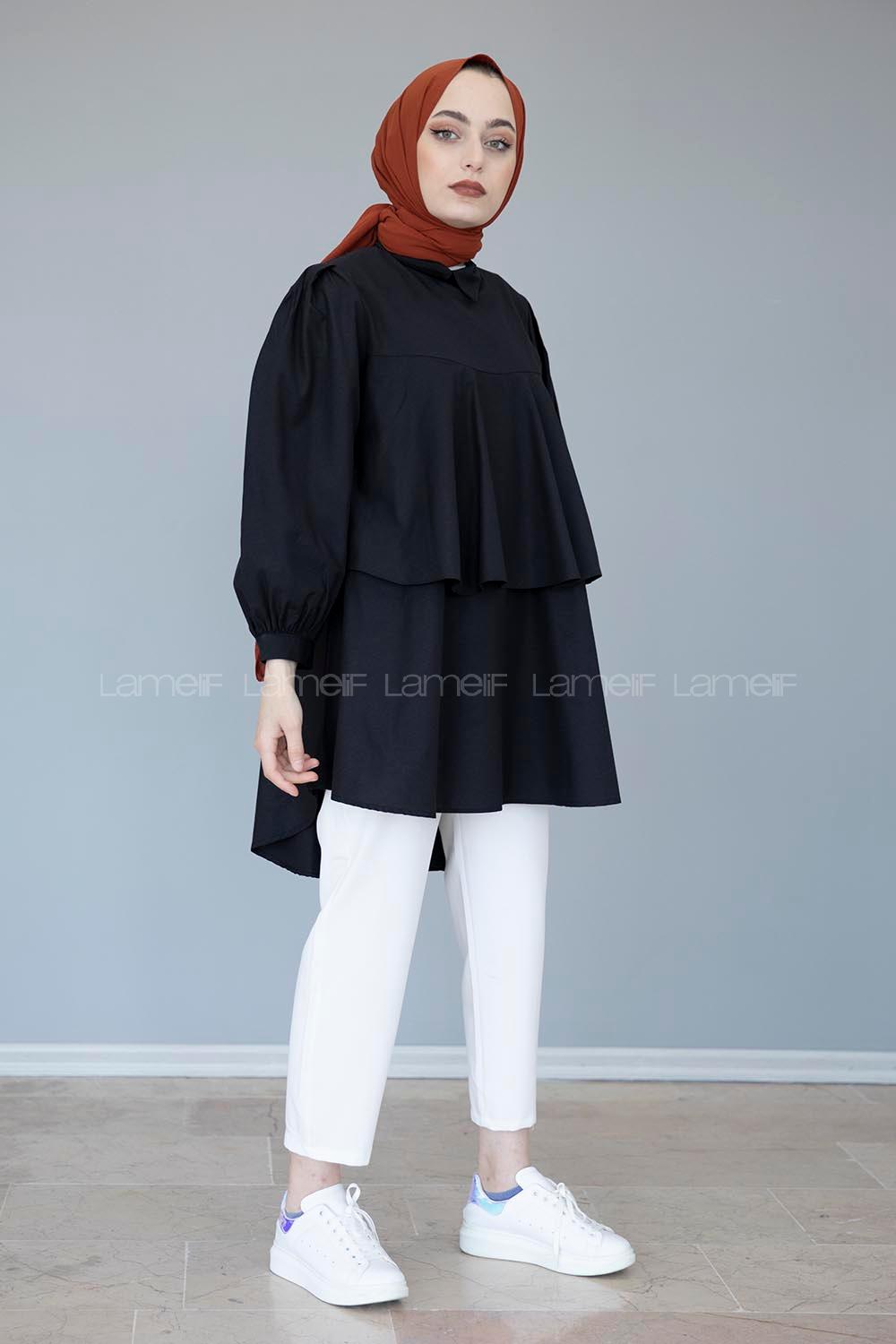 Modalamelif Gömlek Yaka Fırfırlı Tunik Siyah