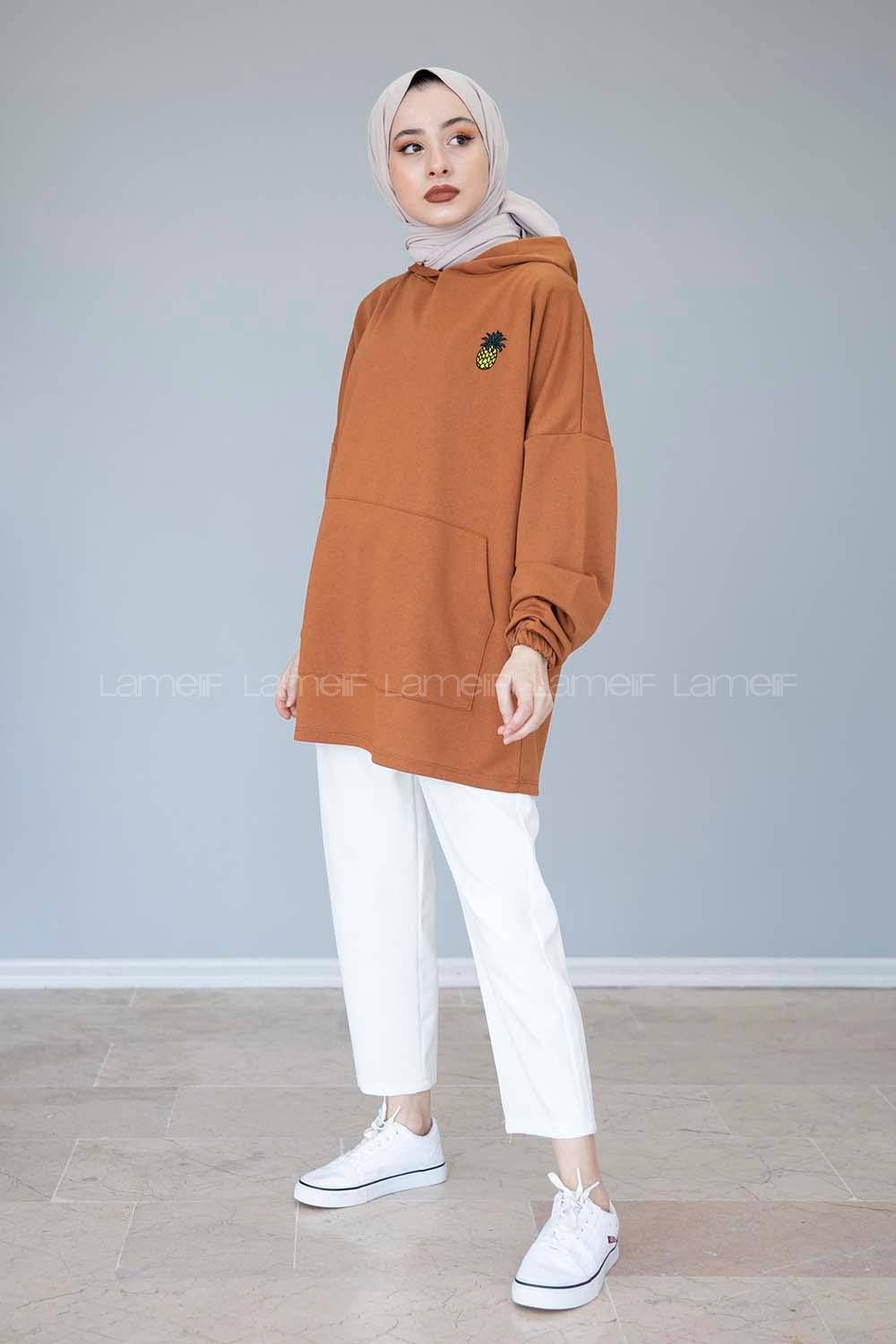 Modalamelif Kapşonlu Ananas Nakışlı Sweatshirt Taba