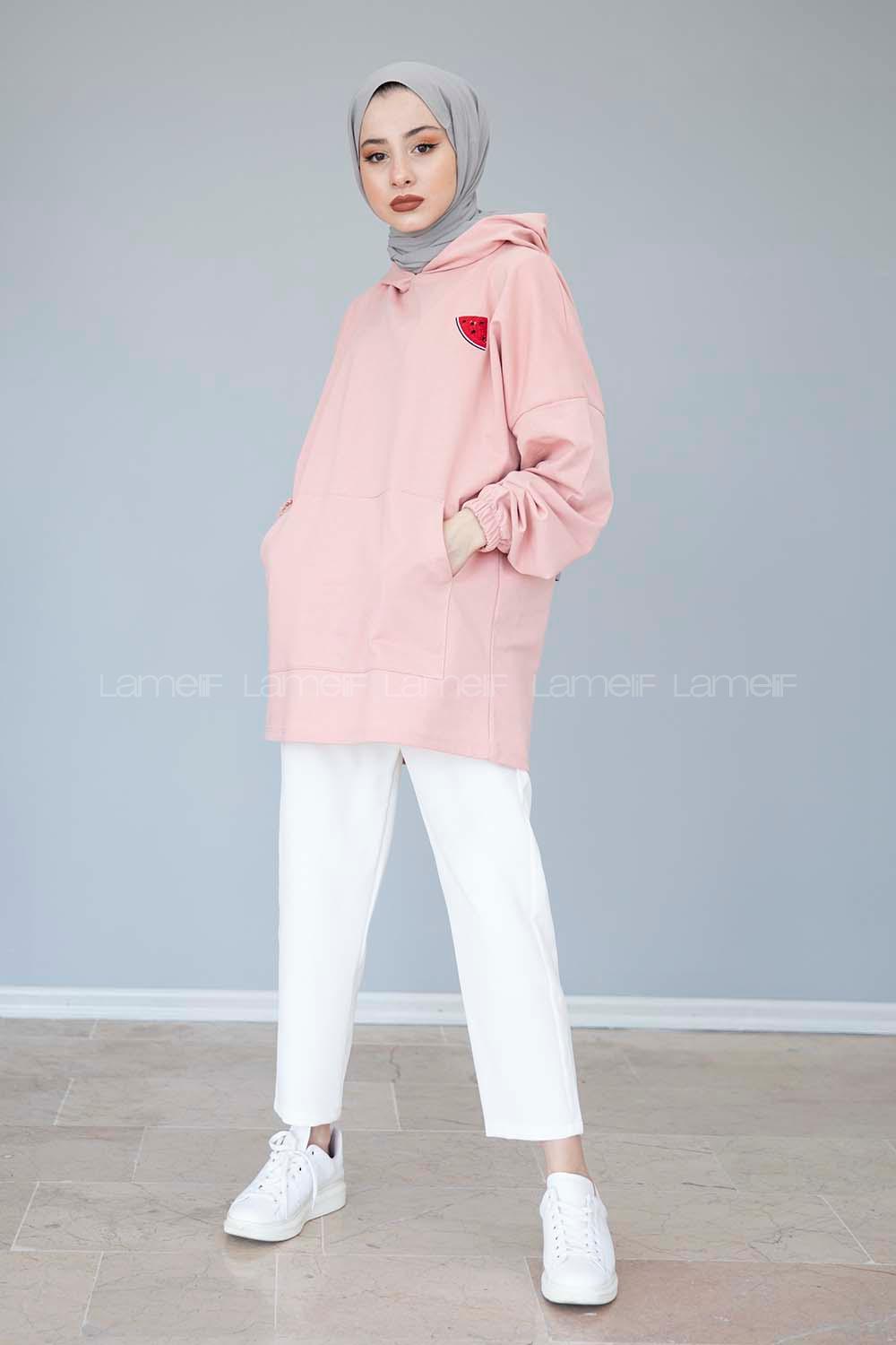 Modalamelif Kapşonlu Karpuz Nakışlı Sweatshirt Pudra