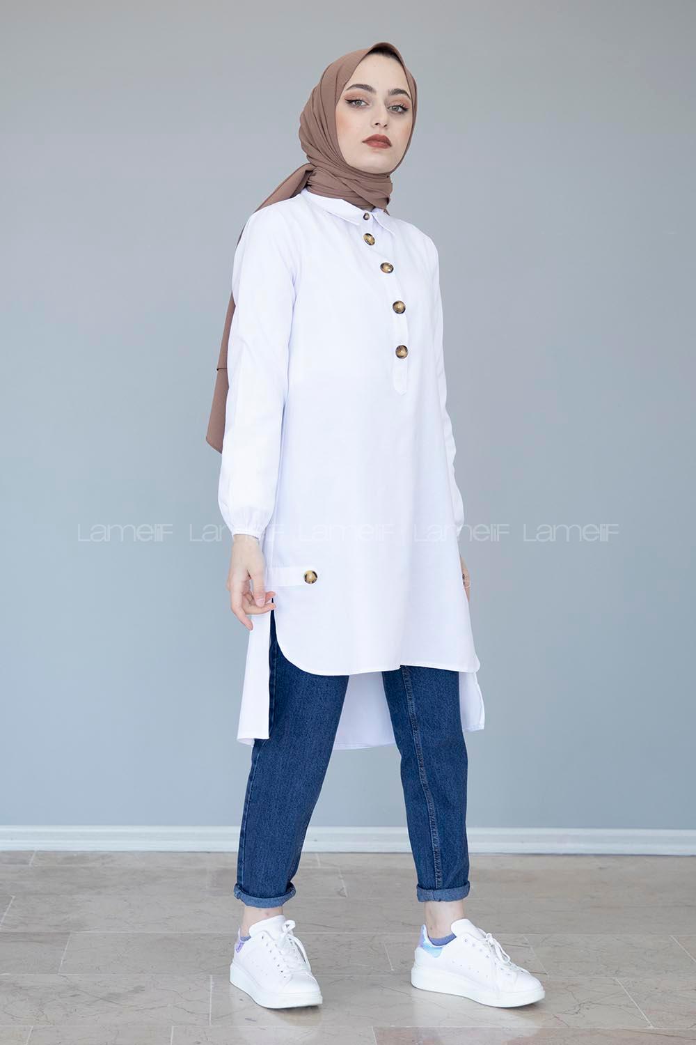 Modalamelif  Yanı Patlı Yarım Düğmeli Tunik Beyaz