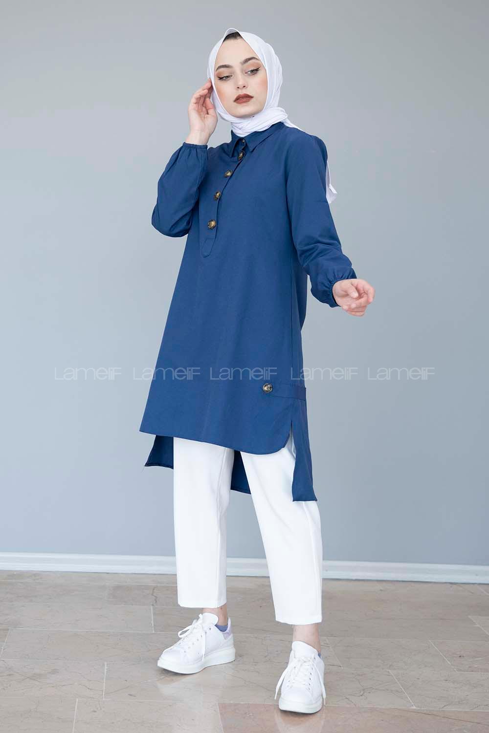 Modalamelif  Yanı Patlı Yarım Düğmeli Tunik İndigo