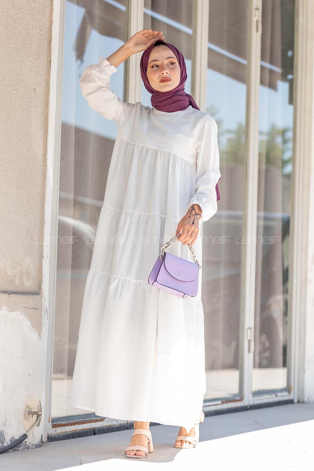 Modalamelif Hakim Yaka Kol Lastikli Elbise Beyaz