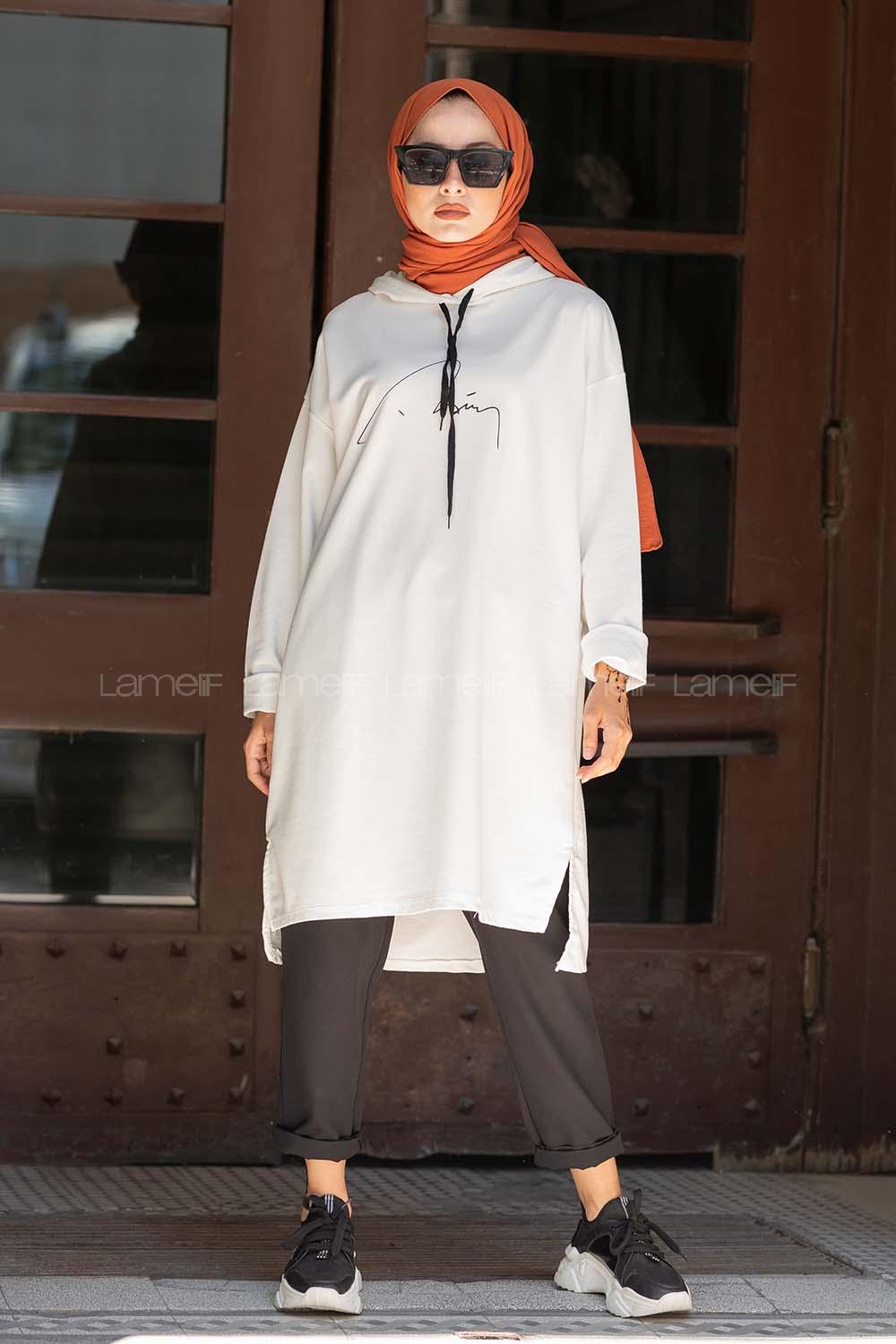 Modalamelif Kapşonlu İmza Baskılı Uzun Sweat Beyaz