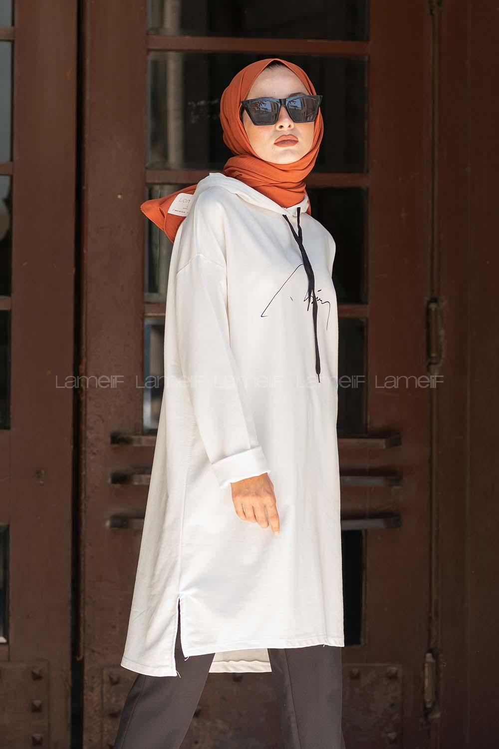 Modalamelif Kapşonlu İmza Baskılı Uzun Sweat Beyaz