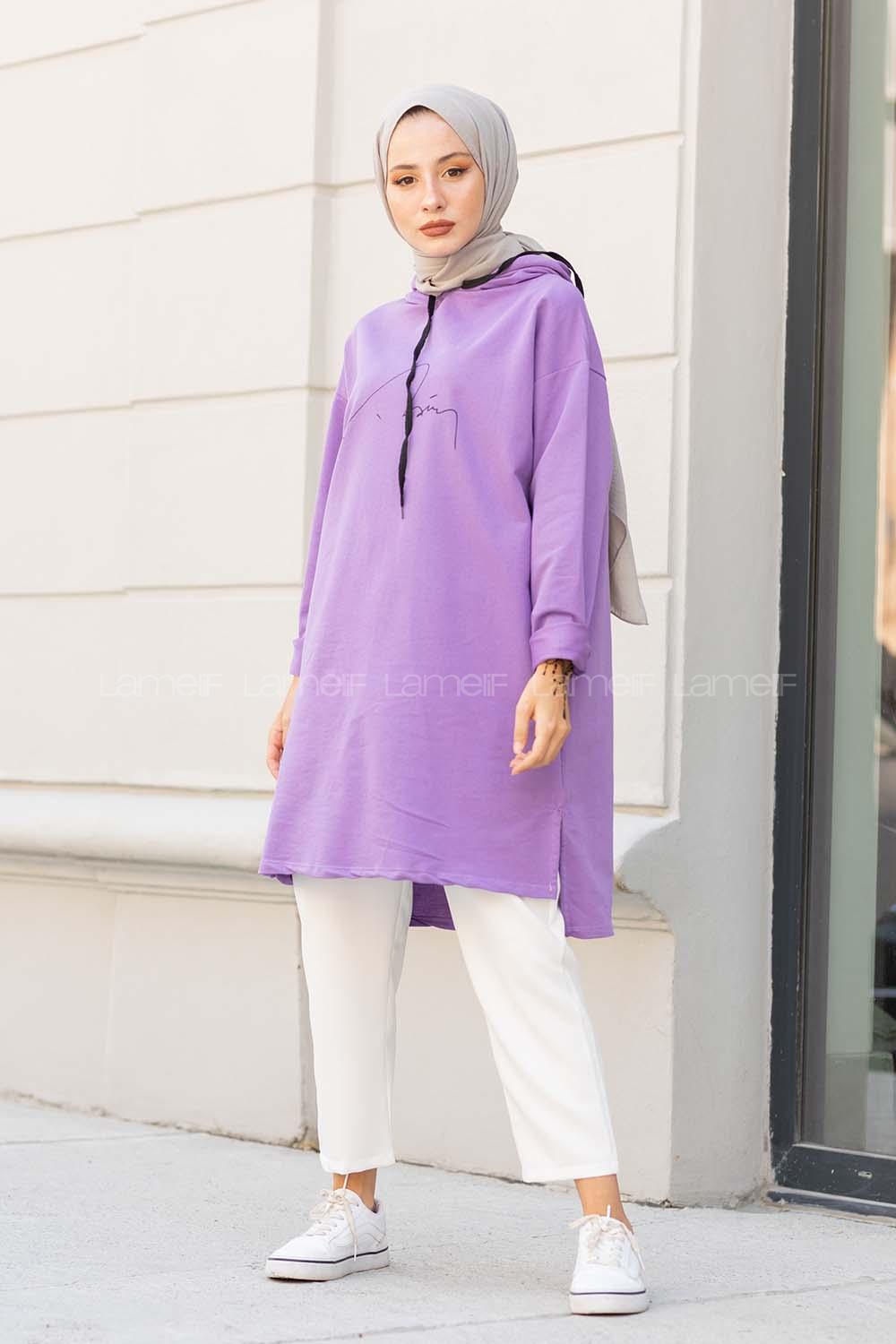 Modalamelif Kapşonlu İmza Baskılı Uzun Sweat Mor